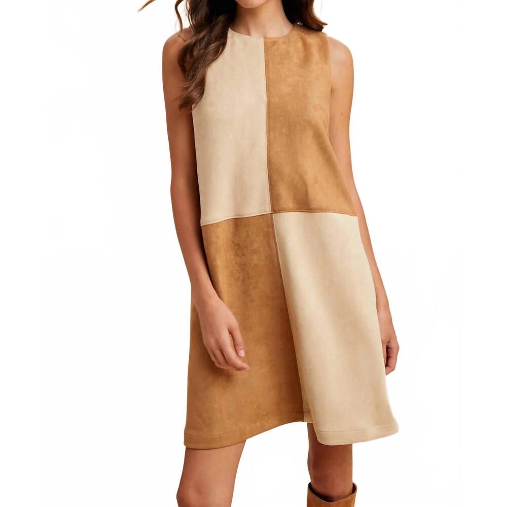 NEW ANNIEWEAR alicia color block suede mini dress in brown